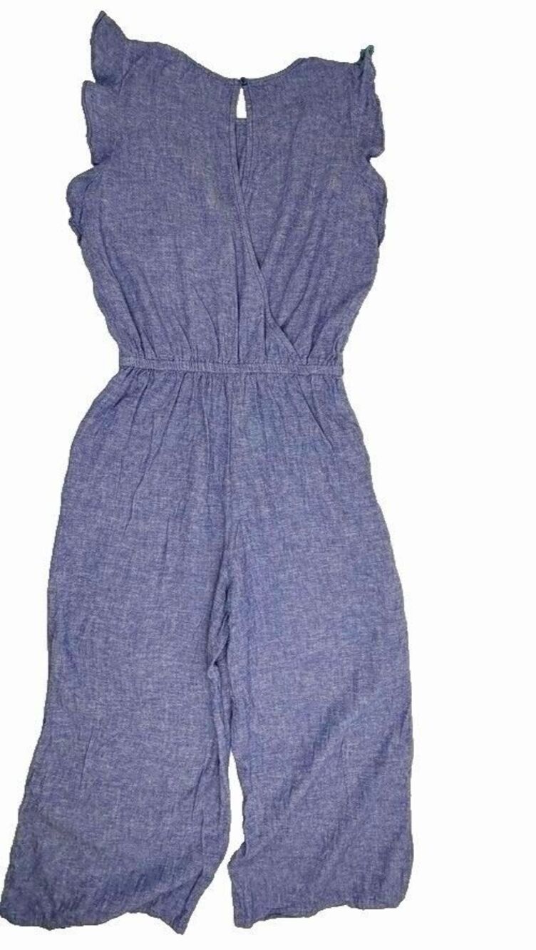 Linen Blend Chambray Jumpsuit Ruffle Sleeve Keyhole Back Wide Leg XS - Picture 4 of 16